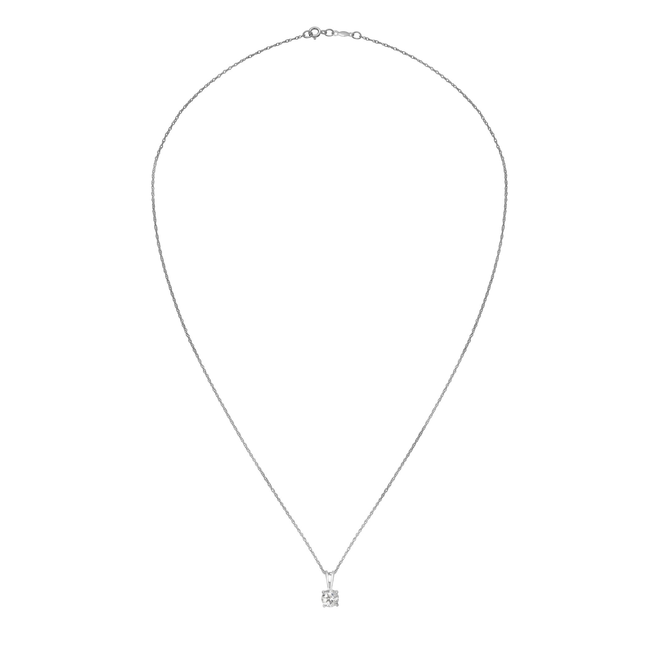 A sparkling 14K white gold pendant featuring a 5mm round white topaz, adding a subtle yet elegant glow to any collection.Key Features:- 5mm round white topaz- Set in 14K white gold- Simple and elegant design- Includes a matching chainPlease Note:- Gemstones may be treated to enhance beauty and require special care.- Photos may be enlarged or enhanced for detail.- Carat weights are approximate, with a possible variance of 0.05 carats. 14K WHITE GOLD WHITE TOPAZ PENDANT WITH CHAIN