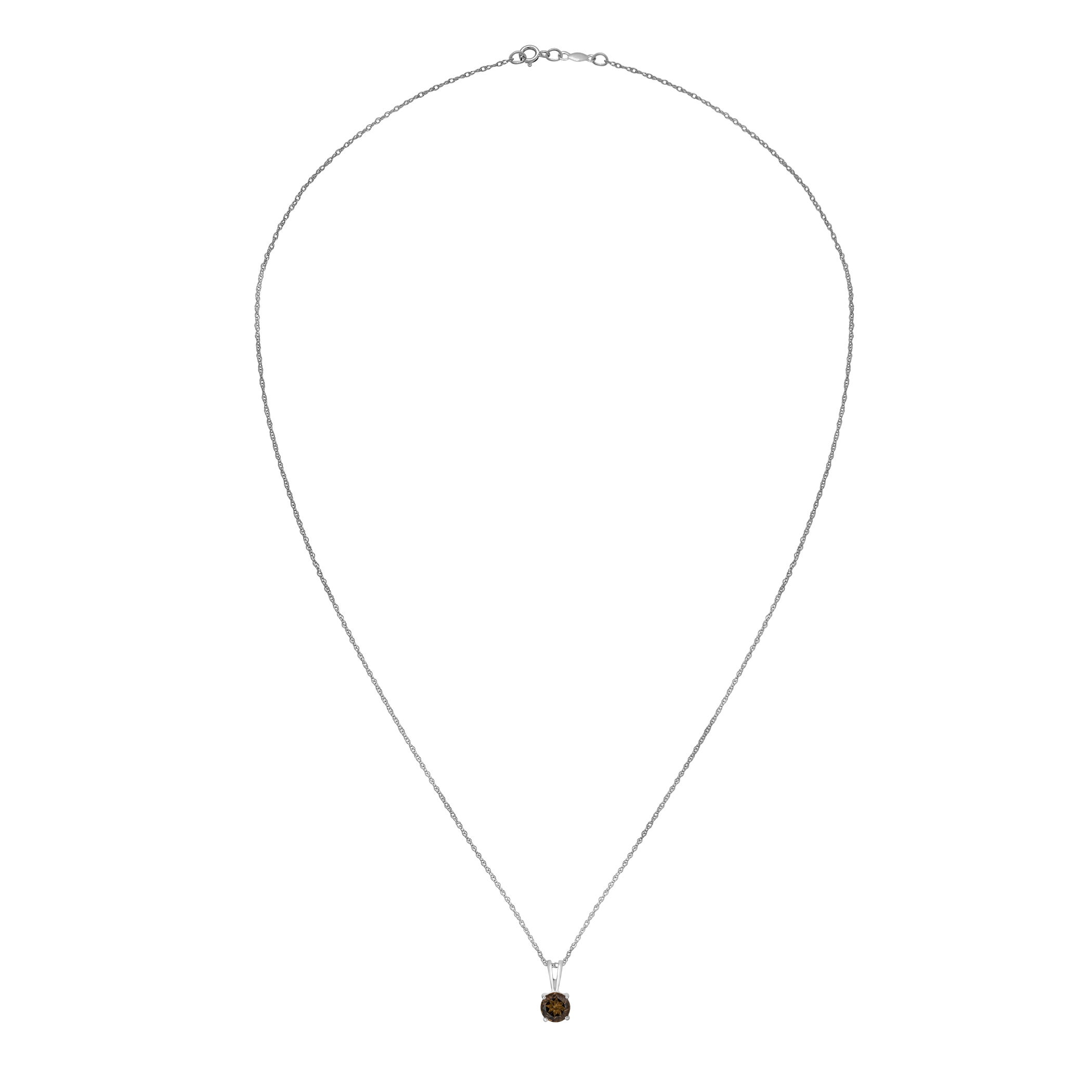 A sophisticated 14K white gold pendant featuring a deep 5mm round smoky quartz, offering an earthy, elegant appeal.Key Features:- 5mm round smoky quartz gemstone- Set in 14K white gold for a refined look- Part of the Semi Precious Birthstone Collection- Includes a matching chainPlease Note:- Gemstones may be treated to enhance beauty and require special care.- Photos may be enlarged or enhanced for detail.- Carat weights are approximate, with a possible variance of 0.05 carats. 14K WHITE GOLD SMOKY QUARTZ PENDANT WITH CHAIN