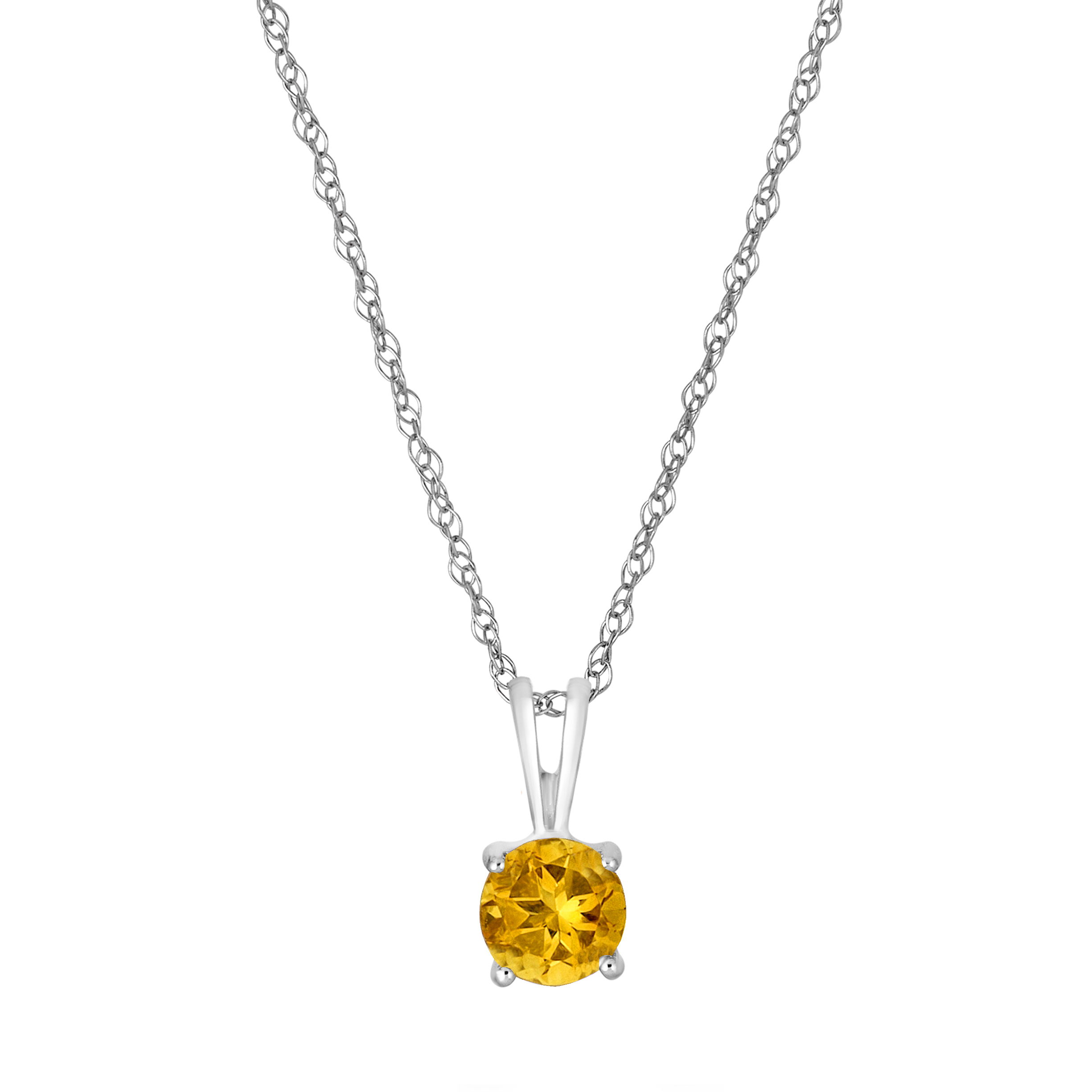 A radiant 14K white gold pendant with a stunning 5mm round citrine, offering a warm and vibrant design.Key Features:5mm round citrine gemstone- Set in 14K white gold for a sleek, elegant finish- Part of the Semi Precious Birthstone Collection- Includes a matching chainPlease Note:- Gemstones may be treated to enhance beauty and require special care.- Photos may be enlarged or enhanced for detail.- Carat weights are approximate, with a possible variance of 0.05 carats. 14K WHITE GOLD CITRINE PENDANT WITH CHAIN