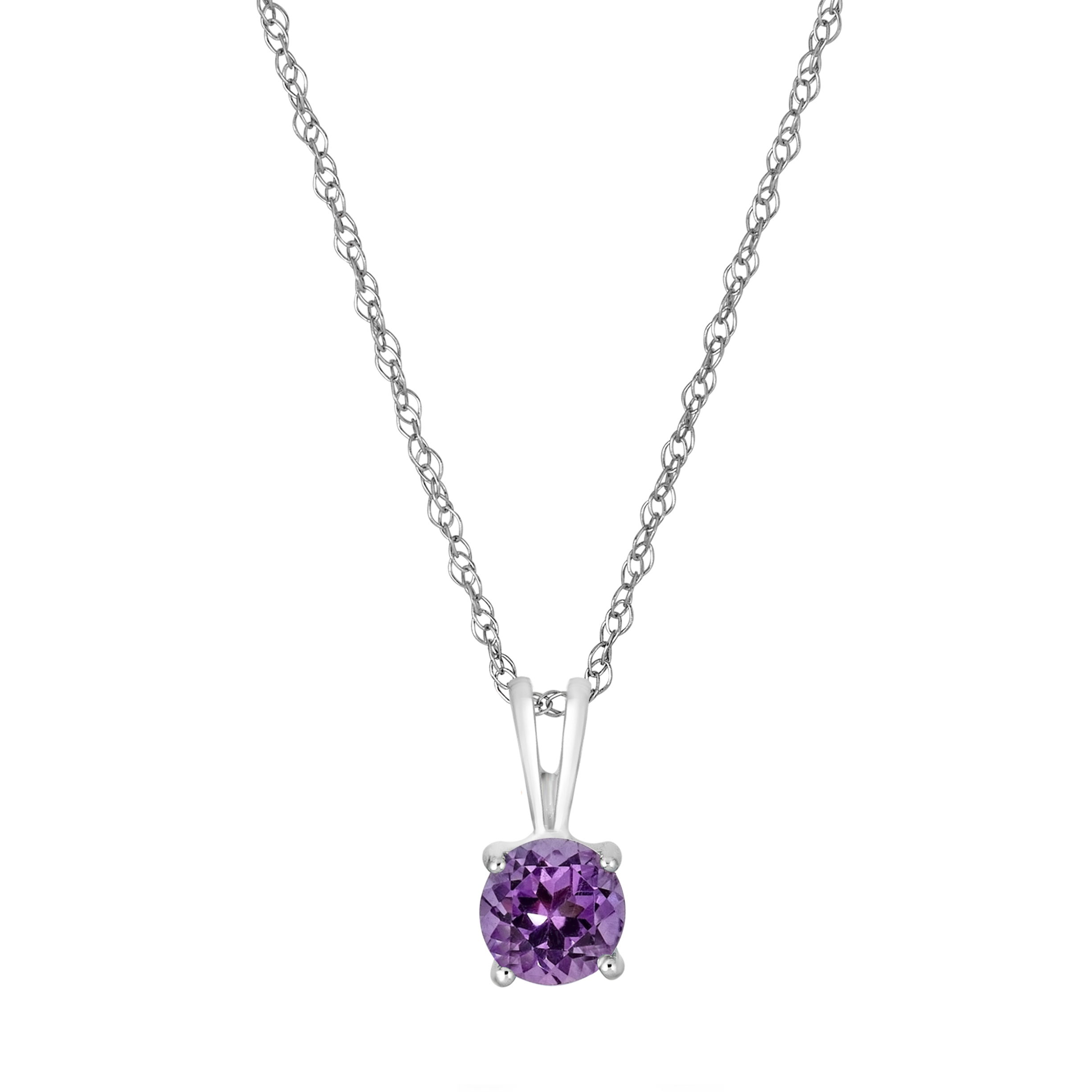 A 5mm round amethyst takes center stage in this 14K white gold pendant. The deep purple of the amethyst is elegantly showcased in the clean, white gold setting, creating a refined and sophisticated piece.Key Features:- 5mm round amethyst- Set in 14K white gold- Elegant and sophisticated design- Includes a matching chainPlease Note:- Gemstones may be treated to enhance beauty and require special care.- Photos may be enlarged or enhanced for detail.- Carat weights are approximate, with a possible variance of 0.05 carats. 14K WHITE GOLD AMETHYST PENDANT WITH CHAIN