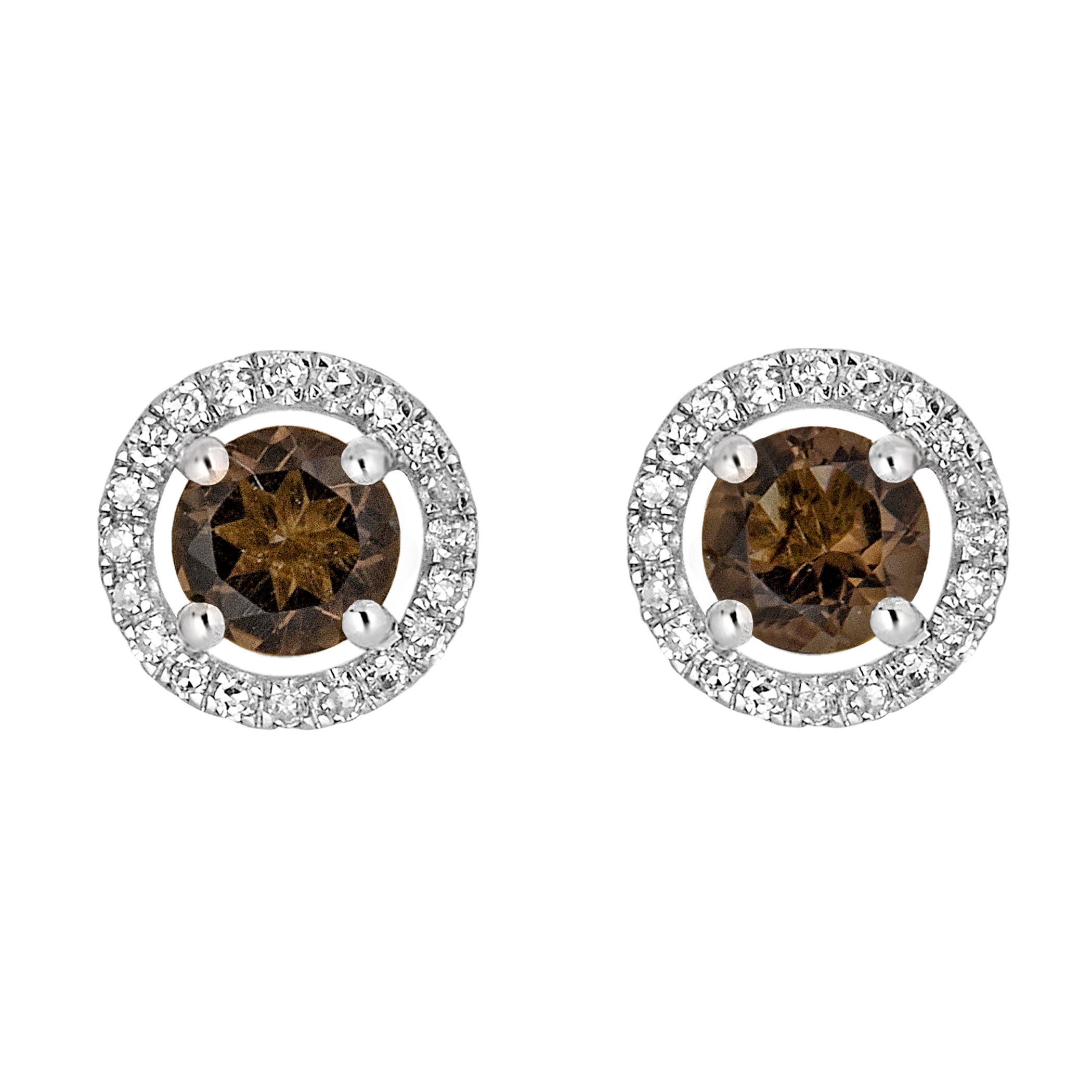Fiery smoky quartz accented with dazzling diamonds in these luxurious white gold earrings.• 4mm Round Smoky Quartz• 14K White Gold Setting• Diamond Accents• Secure Backings• Semi Precious Birthstone Collection 14K WHITE GOLD DIAMOND AND SMOKY QUARTZ EARRING