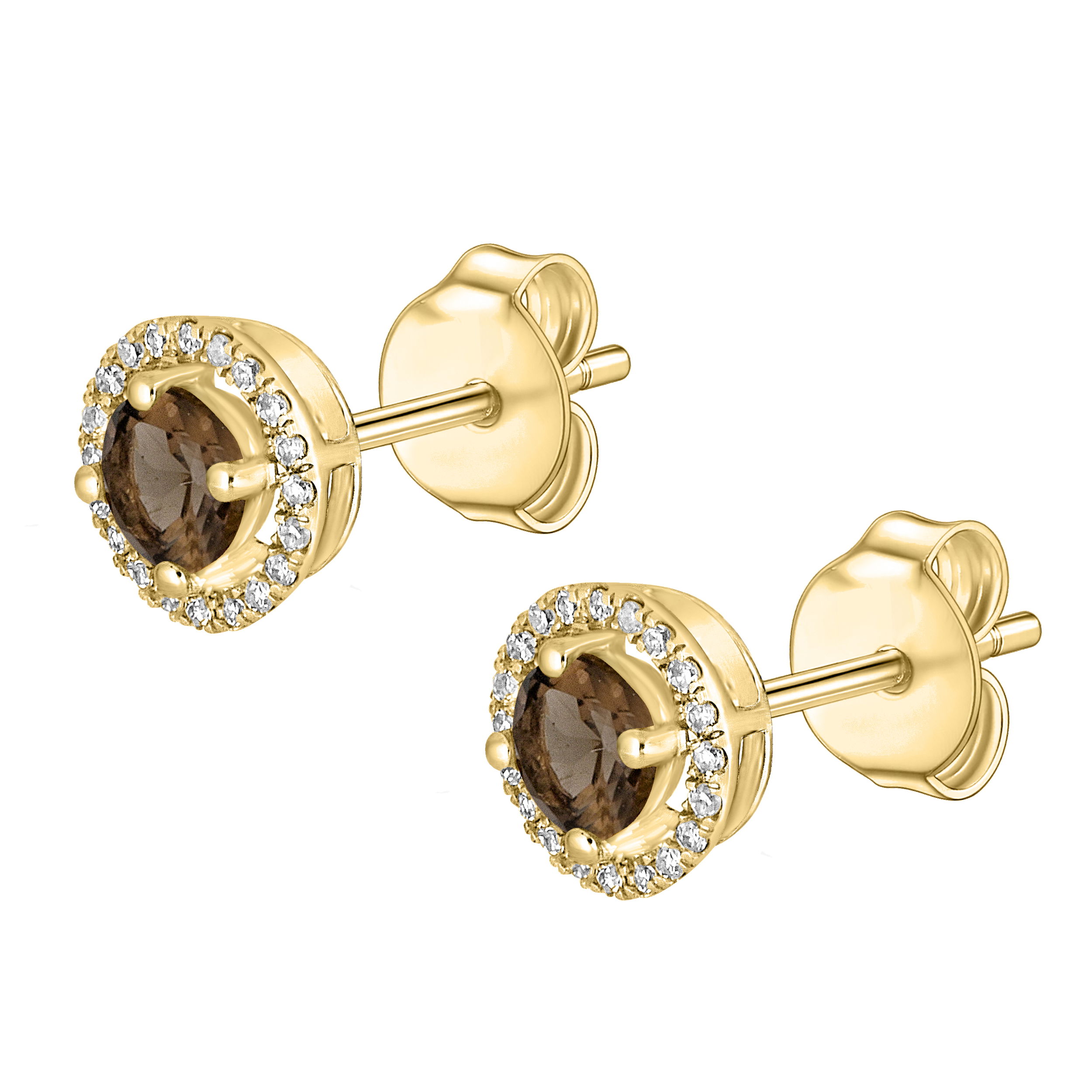 Fiery smoky quartz accented with dazzling diamonds in these luxurious yellow gold earrings.• 4mm Round Smoky Quartz• 14K Yellow Gold Setting• Diamond Accents• Secure Backings• Semi Precious Birthstone Collection 14K YELLOW GOLD DIAMOND AND SMOKY QUARTZ EARRING
