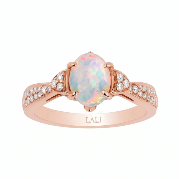 Closeup photo of 14K ROSE GOLD DIAMOND AND AUSTRALIAN OPAL RING