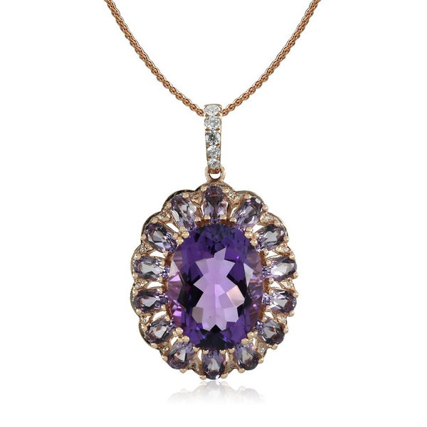 Closeup photo of 14K ROSE GOLD DIAMOND, PINK AMETHYST AND AMETHYST PENDANT WITH CHAIN