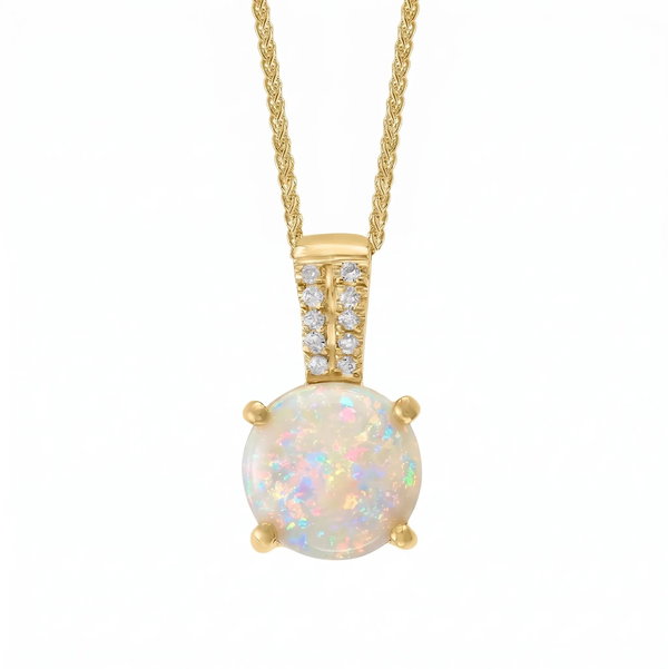Closeup photo of 14K YELLOW GOLD DIAMOND AND AUSTRALIAN OPAL PENDANT WITH CHAIN