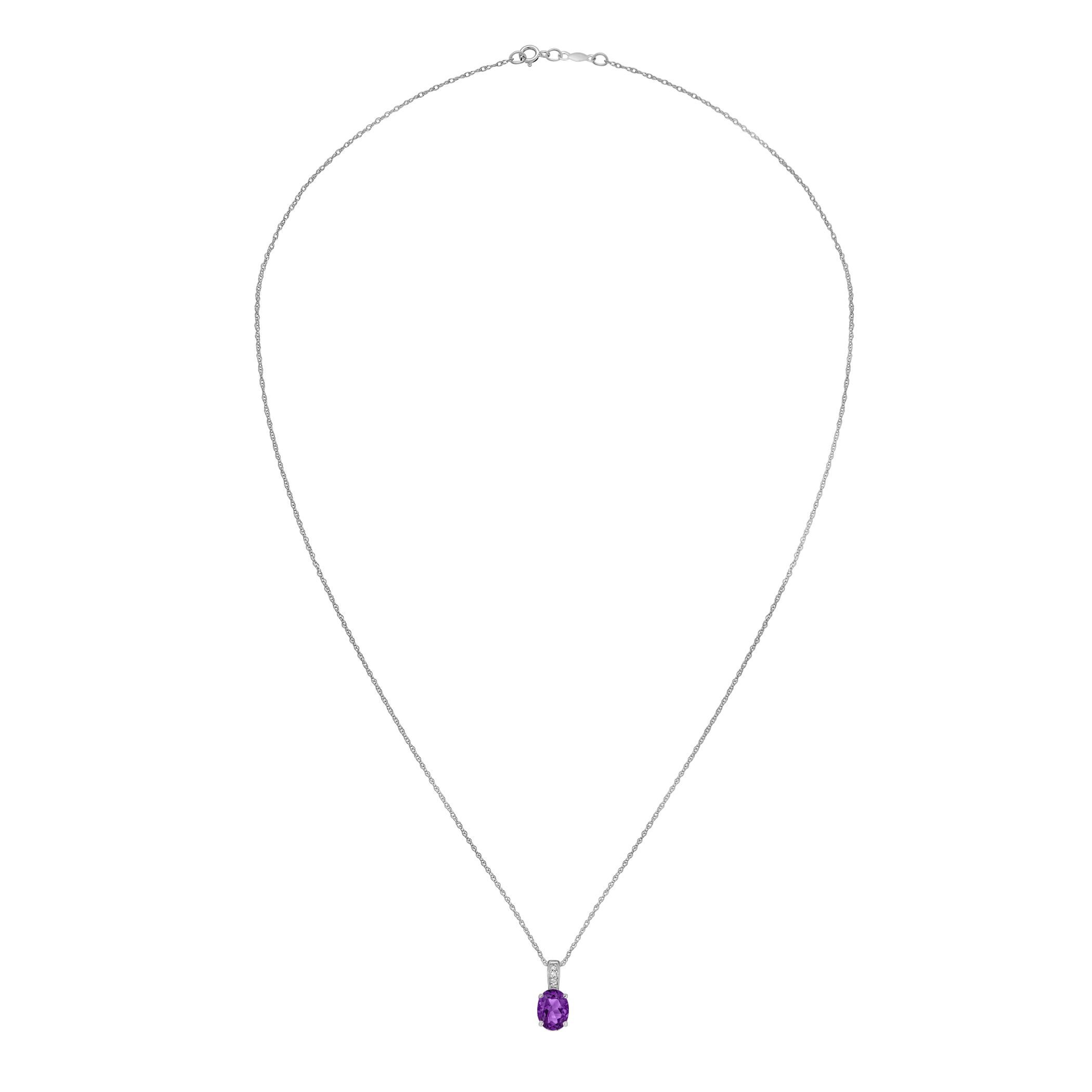 Radiant amethyst is set alongside glittering diamonds in this refined white gold necklace.• 8x6mm Oval Amethyst Gemstone• 14K White Gold Setting• Diamond Accents• Semi Precious Birthstone Collection 14K WHITE GOLD DIAMOND AND AMETHYST PENDANT WITH CHAIN