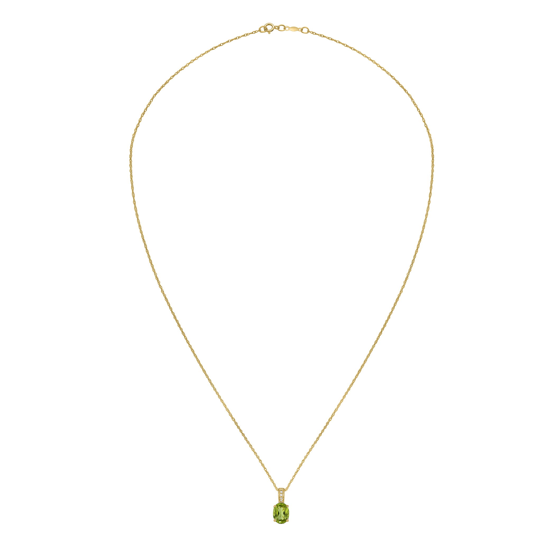 Bright peridot is set alongside glittering diamonds in this refined yellow gold necklace.• 8x6mm Oval Peridot Gemstone• 14K Yellow Gold Setting• Diamond Accents• 18" Rope Chain With Spring Lock• Semi Precious Birthstone Collection 14K YELLOW GOLD DIAMOND AND PERIDOT PENDANT WITH CHAIN