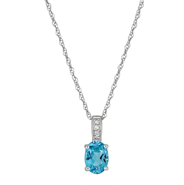 Closeup photo of 14K WHITE GOLD DIAMOND AND SWISS BLUE TOPAZ PENDANT WITH CHAIN