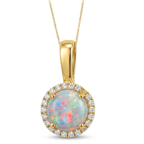 Closeup photo of 14K YELLOW GOLD DIAMOND AND AUSTRALIAN OPAL PENDANT WITH CHAIN