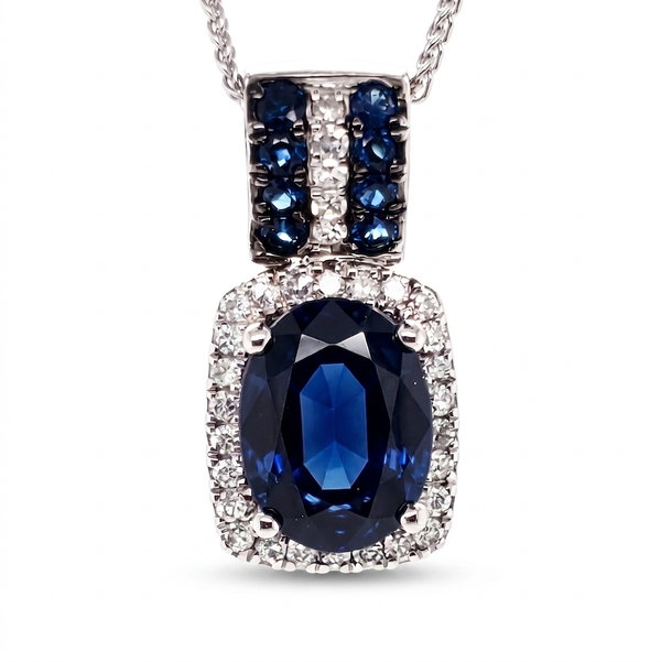 Closeup photo of 14K WHITE GOLD DIAMOND AND SAPPHIRE PENDANT WITH CHAIN