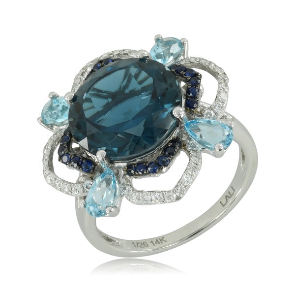 Closeup photo of 14K WHITE GOLD DIAMOND, SAPPHIRE, SWISS BLUE TOPAZ AND LONDON BLUE TOPAZ RING