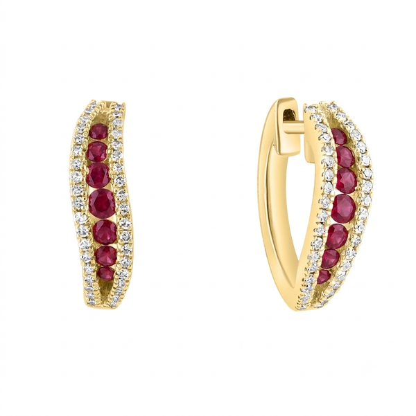 Closeup photo of 14K YELLOW GOLD DIAMOND AND RUBY EARRING
