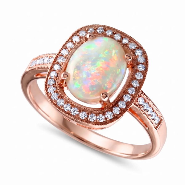 Closeup photo of 14K ROSE GOLD DIAMOND AND AUSTRALIAN OPAL RING