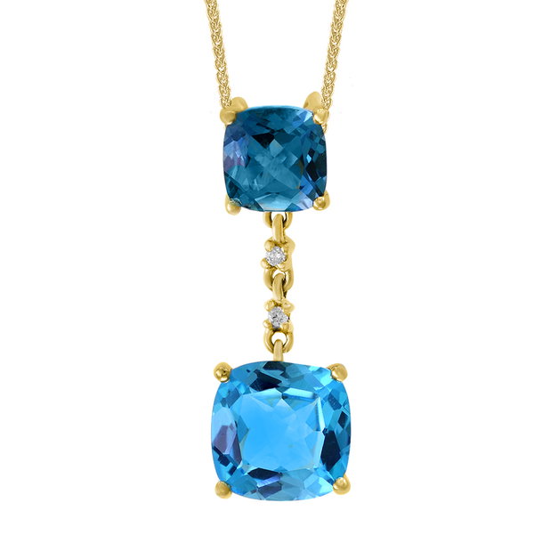 Closeup photo of 14K YELLOW GOLD DIAMOND, LONDON BLUE TOPAZ AND SWISS BLUE TOPAZ PENDANT WITH CHAIN
