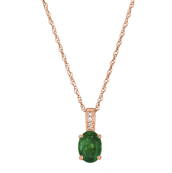 Closeup photo of 14K ROSE GOLD DIAMOND EMERALD PENDANT WITH CHAIN