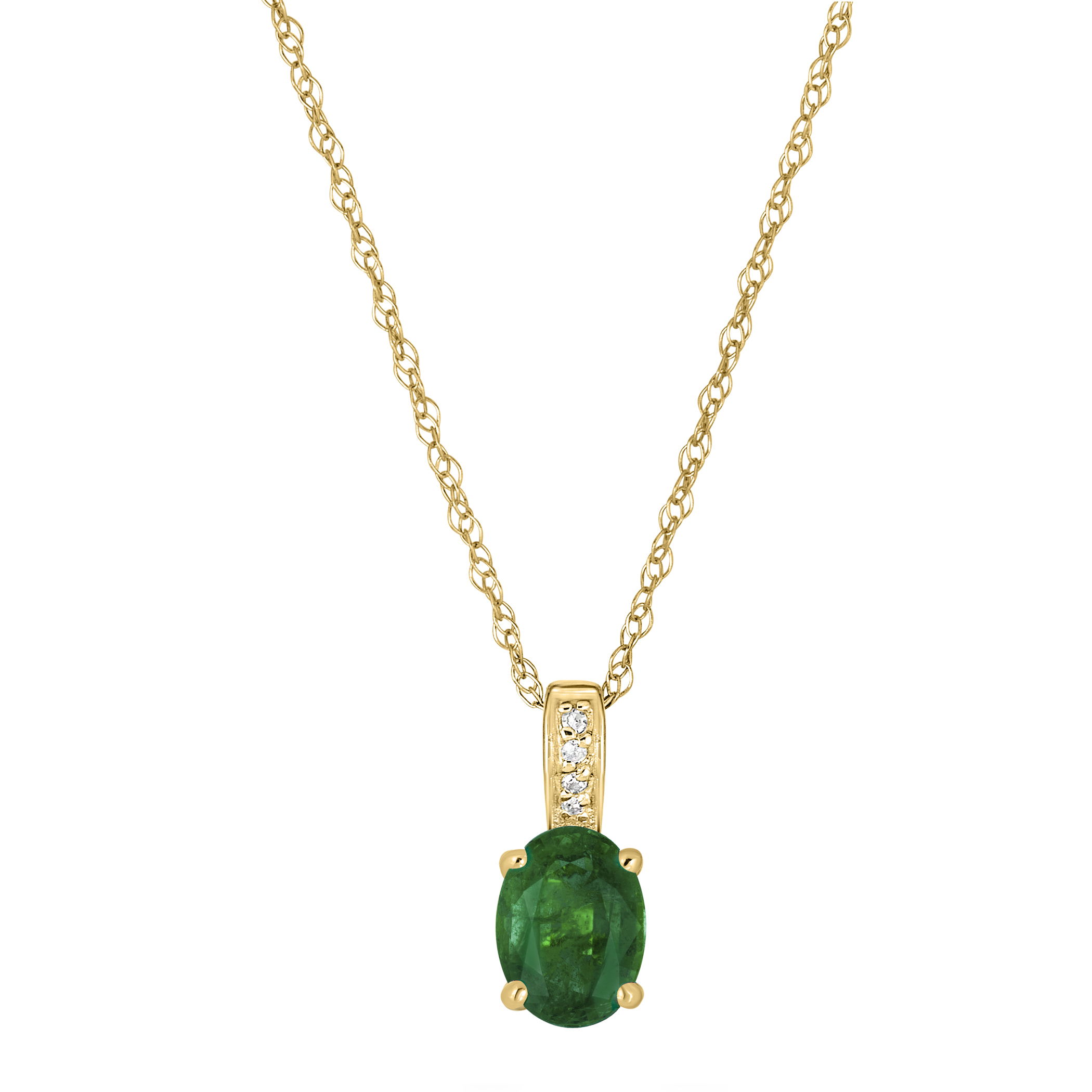 This exquisite 14K Yellow Gold Diamond and Emerald Pendant features a stunning 7x5mm oval emerald, celebrated for its deep, vibrant green hue. Surrounding the emerald are brilliant diamond accents, adding a touch of sparkle and enhancing the rich color of the gemstone. The warm yellow gold setting provides a sophisticated contrast, making this pendant an elegant and timeless addition to any jewelry collection.Key Features:- 7x5mm oval emerald gemstone- Accented with brilliant diamond accents- Set in 14K yellow gold- Sophisticated and timeless designPlease Note:- Photos may be enlarged or enhanced for detail.- Emerald may be treated to enhance its appearance and requires special care. 14K YELLOW GOLD DIAMOND AND EMERALD PENDANT WITH CHAIN