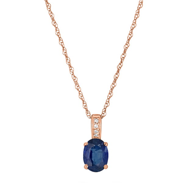 Closeup photo of 14K ROSE GOLD DIAMOND SAPPHIRE PENDANT WITH CHAIN