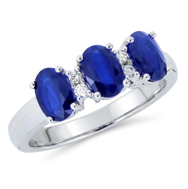 Closeup photo of 14K WHITE GOLD DIAMOND AND SAPPHIRE 3-STONE RING