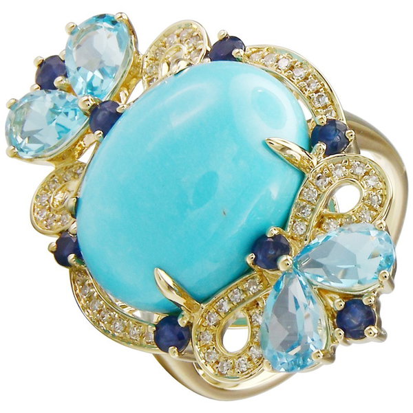 Closeup photo of 14K YELLOW GOLD DIAMOND, MULTICOLOR AND TURQUISE RING