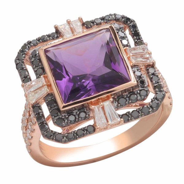 Closeup photo of 14K ROSE GOLD DIAMOND, TREATED BLACK DIAMOND AND AMETHYST RING
