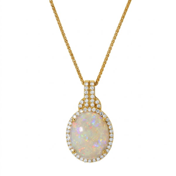 Closeup photo of 14K YELLOW GOLD DIAMOND AND AUSTRALIAN OPAL PENDANT WITH CHAIN