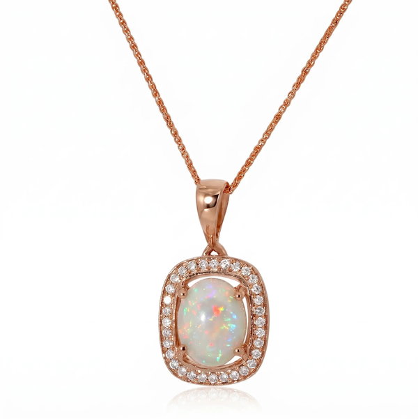 Closeup photo of 14K ROSE GOLD DIAMOND AND AUSTRALIAN OPAL PENDANT WITH CHAIN