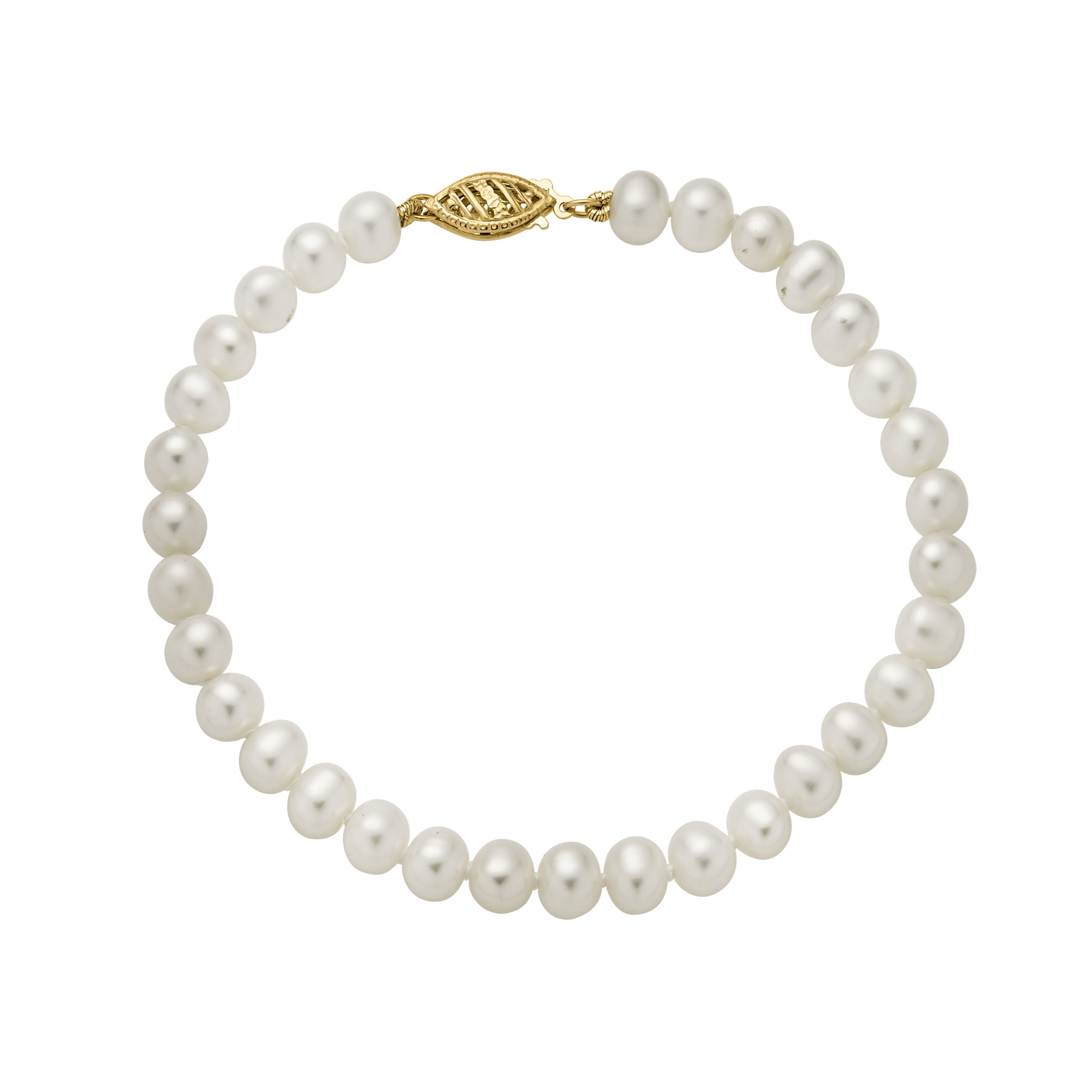 Timeless and elegant, the 14K Yellow Gold White Freshwater 5-5.5mm semi-round Bracelet features lustrous pearls set in warm 14K yellow gold. Perfect for both everyday wear and special occasions, it offers classic beauty with a contemporary touch.Key Features:- 5-5.5mm white freshwater semi-round pearls- Set in 14K yellow gold- Smooth surface with subtle iridescence- Secure clasp for comfort and durabilityPlease Note:- Photos may be enlarged or enhanced for detail.- Pearls may be treated to enhance beauty and require special care. 14K YELLOW GOLD WHITE FRESH WATER PEARL BRACELET