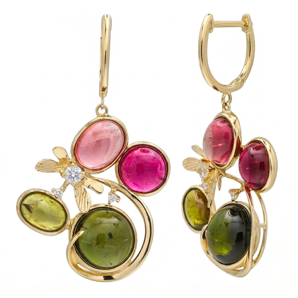 Closeup photo of 14K YELLOW GOLD WHITE SAPPHIRE AND MULTICOLOR TOURMALINE EARRING