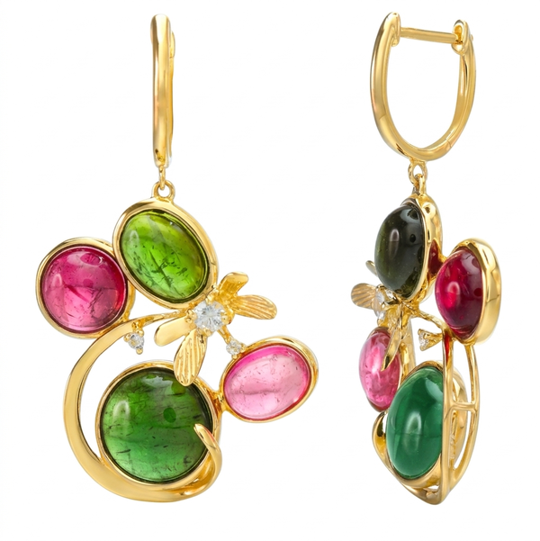 Closeup photo of 14K YELLOW GOLD WHITE SAPPHIRE AND MULTICOLOR TOURMALINE EARRING