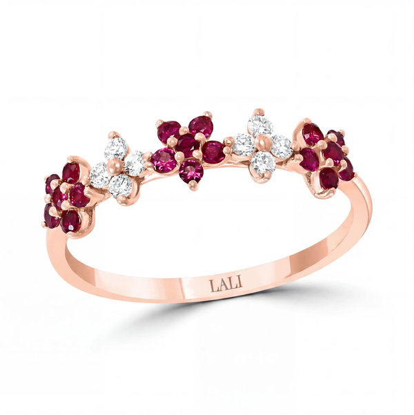 Closeup photo of 14K ROSE GOLD DIAMOND AND RUBY RING