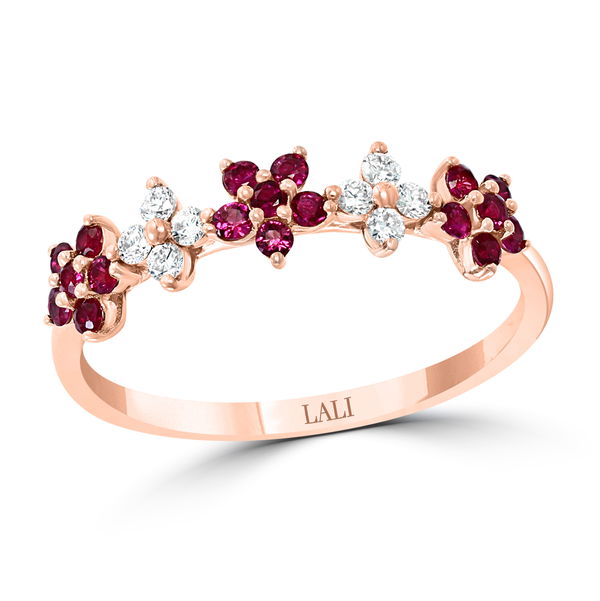 Closeup photo of 14K ROSE GOLD DIAMOND AND RUBY RING