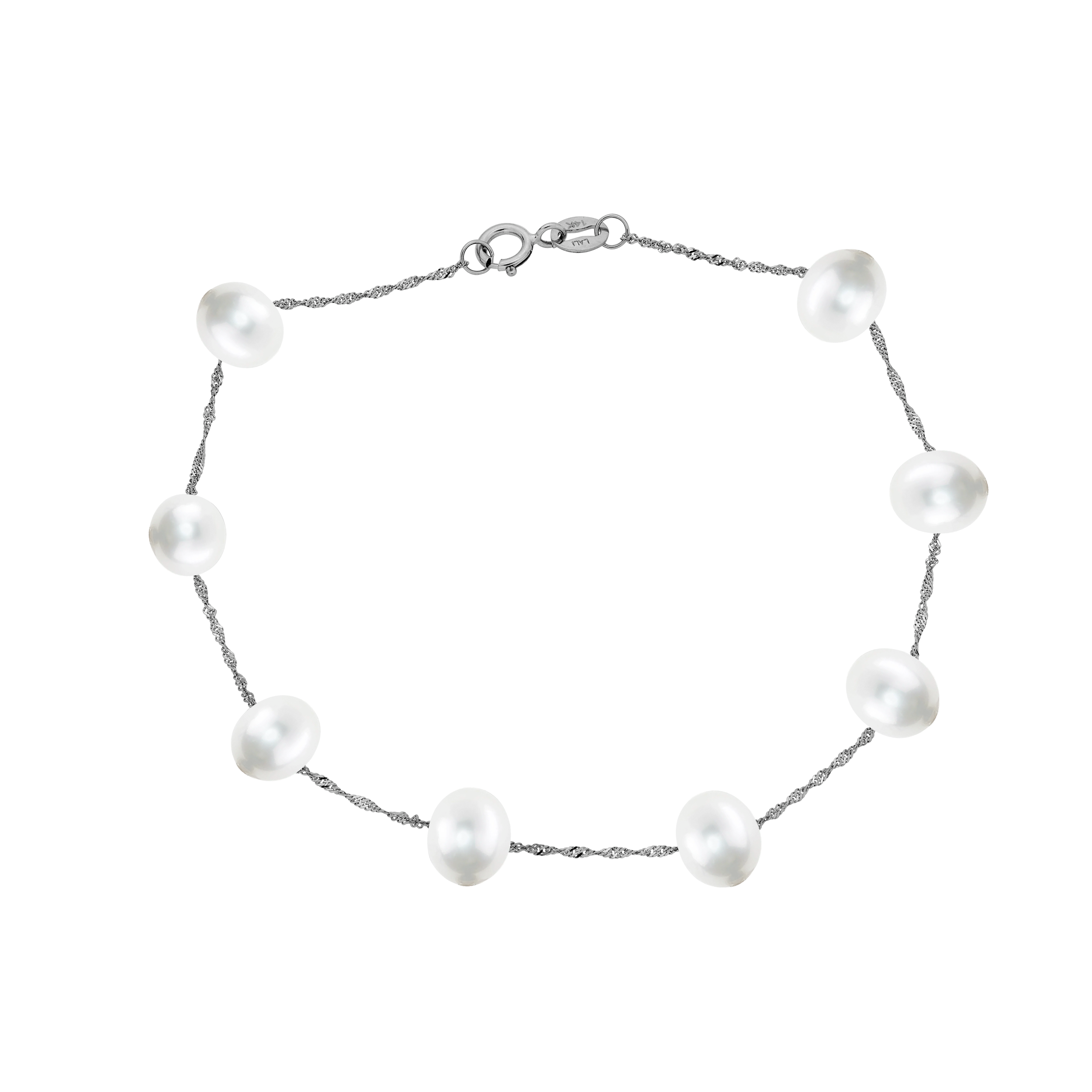 This 14K White Gold White Freshwater Pearl Bracelet features 6-6.5mm semi-round pearls with a smooth surface and lustrous sheen. The cool white gold setting enhances the natural glow of the pearls, creating a harmonious and sophisticated piece perfect for any occasion. The lustrous pearls reflect light beautifully, offering timeless elegance and refinement. Whether for casual or formal wear, this bracelet adds a touch of luxury to any outfit.Key Features:- 6-6.5mm white freshwater semi-round pearls- Set in 14K white gold- Smooth surface and lustrous sheen- Secure clasp for comfort and wearabilityPlease Note:- Photos may be enlarged or enhanced for detail.- Pearls may be treated to enhance their appearance and require special care. 14K WHITE GOLD WHITE FRESH WATER PEARL BRACELET