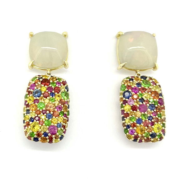 Closeup photo of 14K YELLOW GOLD MULTICOLOR SAPPHIRE AND ETHIOPIAN OPAL EARRING