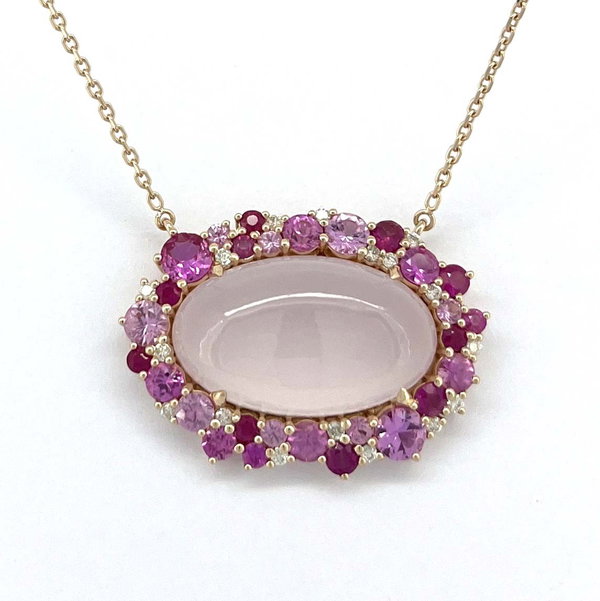 Closeup photo of 14K ROSE GOLD DIAMOND, MULTI PINK SAPPHIRE AND ROSE QUARTZ NECKLACE