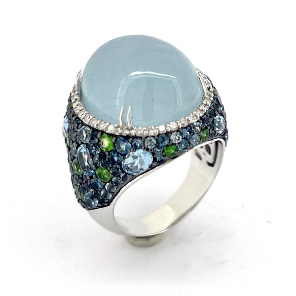 Closeup photo of 14K WHITE GOLD DIAMOND, MULTICOLOR GEM STONE AND MILKY AQUAMARINE RING
