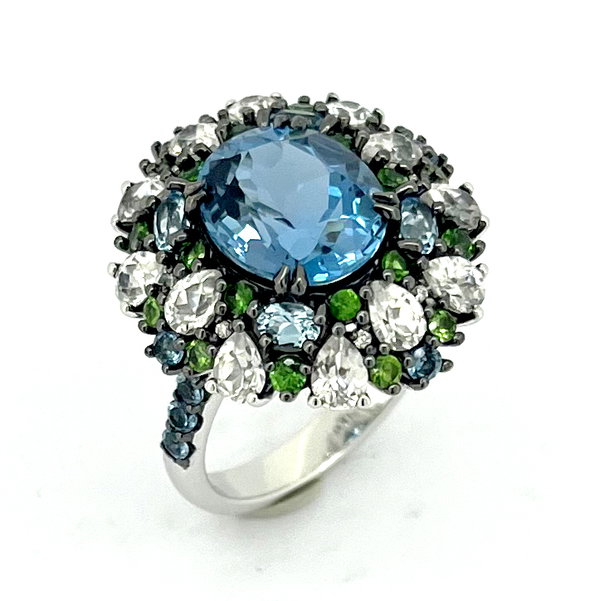 Closeup photo of 14K WHITE GOLD DIAMOND, MULTICOLOR GEM AND ELECTRIC BLUE TOPAZ RING