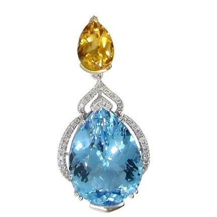 Closeup photo of 14K YELLOW AND WHITE GOLD DIAMOND, CITRINE AND SWISS BLUE TOPAZ PENDANT WITH CHAIN