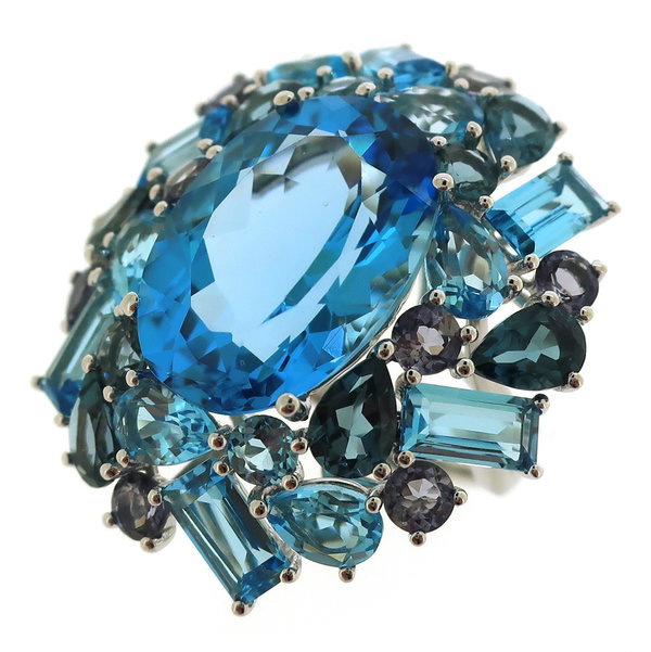 Closeup photo of 14K WHITE GOLD IOLITE, LONDON BLUE TOPAZ AND SWISS BLUE TOPAZ RING