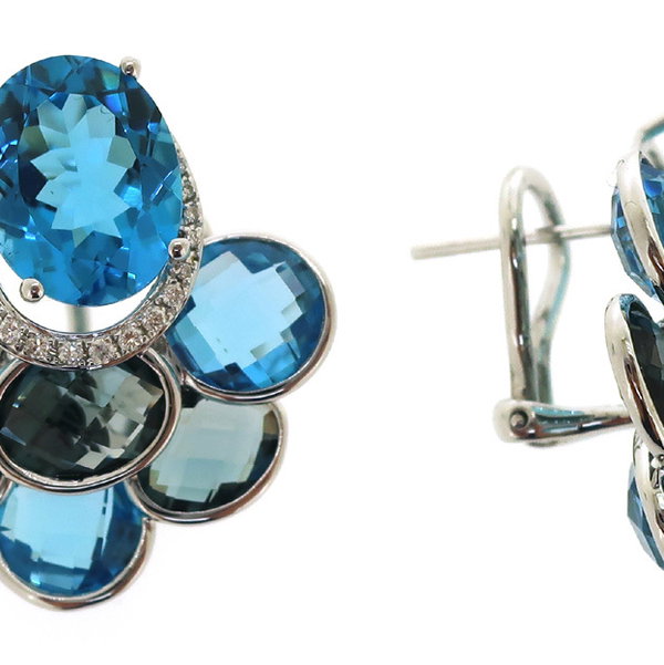 Closeup photo of 14K WHITE GOLD DIAMOND LONDON BLUE TOPAZ AND SWISS BLUE TOPAZ EARRING