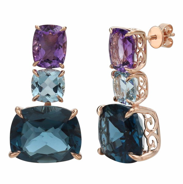 Closeup photo of 14K ROSE GOLD SWISS BLUE TOPAZ, AMETHYST AND LONDON BLUE TOPAZ EARRING