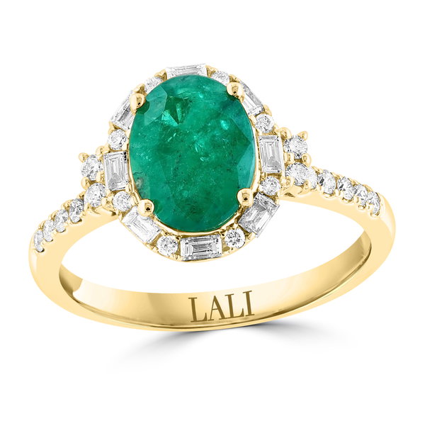 Closeup photo of 14K YELLOW GOLD DIAMOND AND EMERALD RING