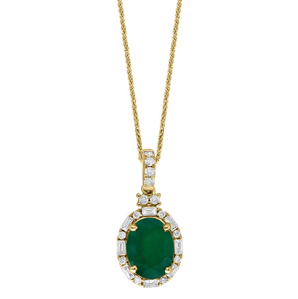 Closeup photo of 14K YELLOW GOLD DIAMOND AND EMERALD PENDANT WITH CHAIN
