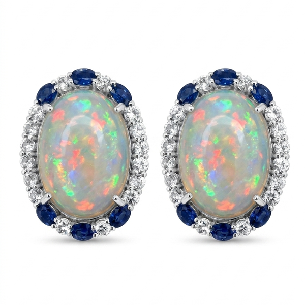 Closeup photo of 14K WHITE GOLD WHITE SAPPHIRE, SAPPHIRE AND ETHIOPIAN OPAL EARRING