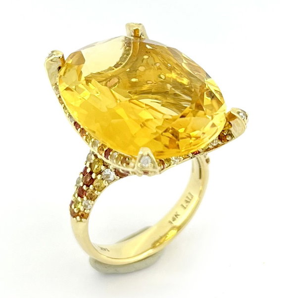Closeup photo of 14K YELLOW GOLD DIAMOND, MULTICOLOR SAPPHIRE AND CITRINE RING