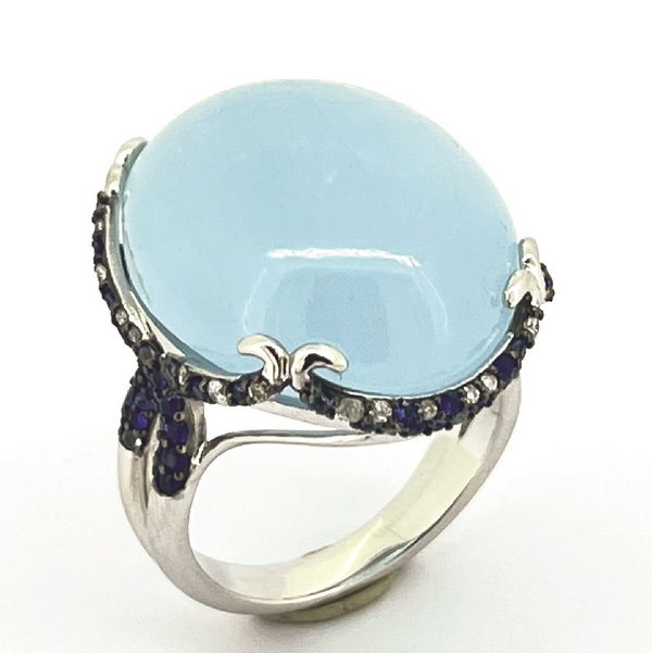 Closeup photo of 14K WHITE GOLD DIAMOND, SHADED BLUE SAPPHIRE AND MILKY AQUAMARINE RING