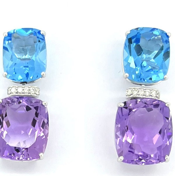 Closeup photo of 14K WHITE GOLD DIAMOND, SWISS BLUE TOPAZ, AND AMETHYST EARRING