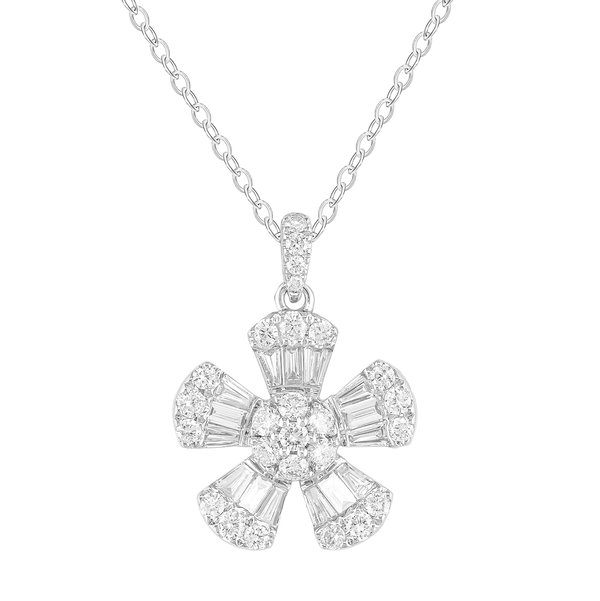 Closeup photo of 14K WHITE GOLD DIAMOND FLOWER PENDANT WITH CHAIN