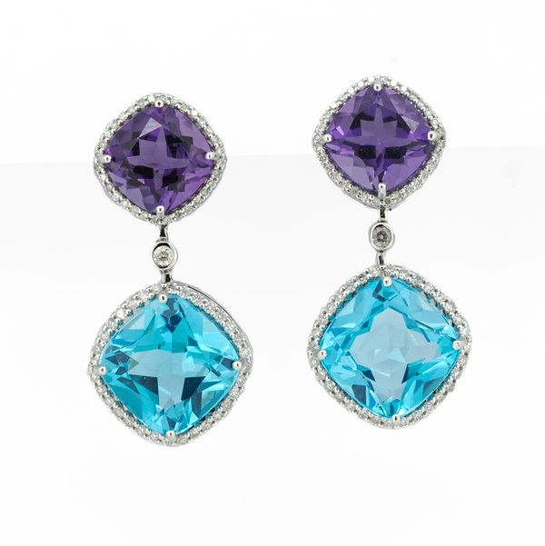 Closeup photo of 14K WHITE GOLD DIAMOND AMETHYST AND SWISS BLUE TOPAZ EARRING