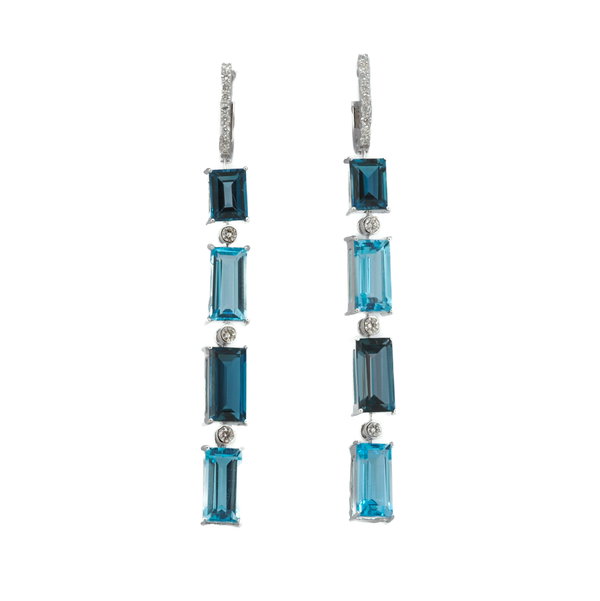Closeup photo of 14K WHITE GOLD DIAMOND, LONDON BLUE TOPAZ AND SWISS BLUE TOPAZ EARRING