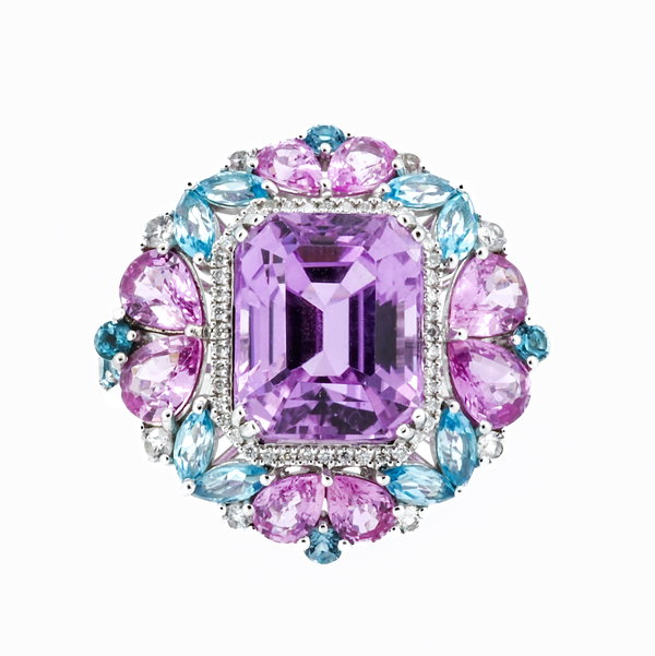 Closeup photo of 14K WHITE GOLD DIAMOND, MULTICOLOR GEMSTONES AND KUNZITE RING